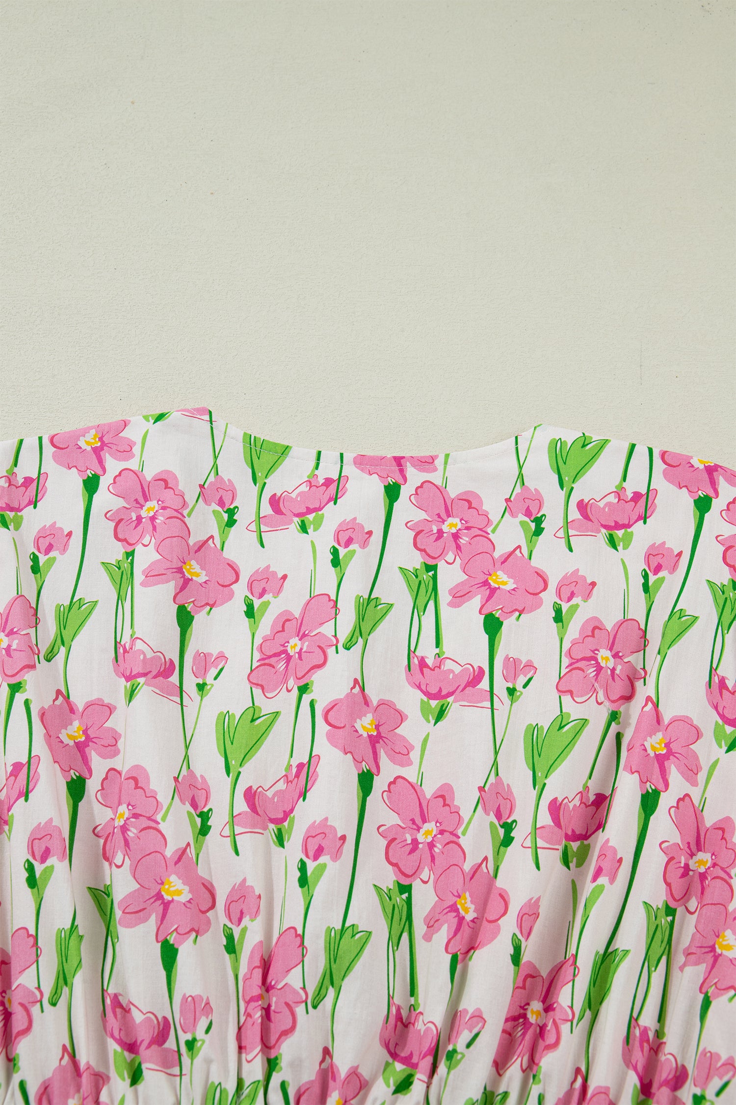 Pink Floral Print Contrast Trim V Neck Short Sleeve Elegant Midi Dress