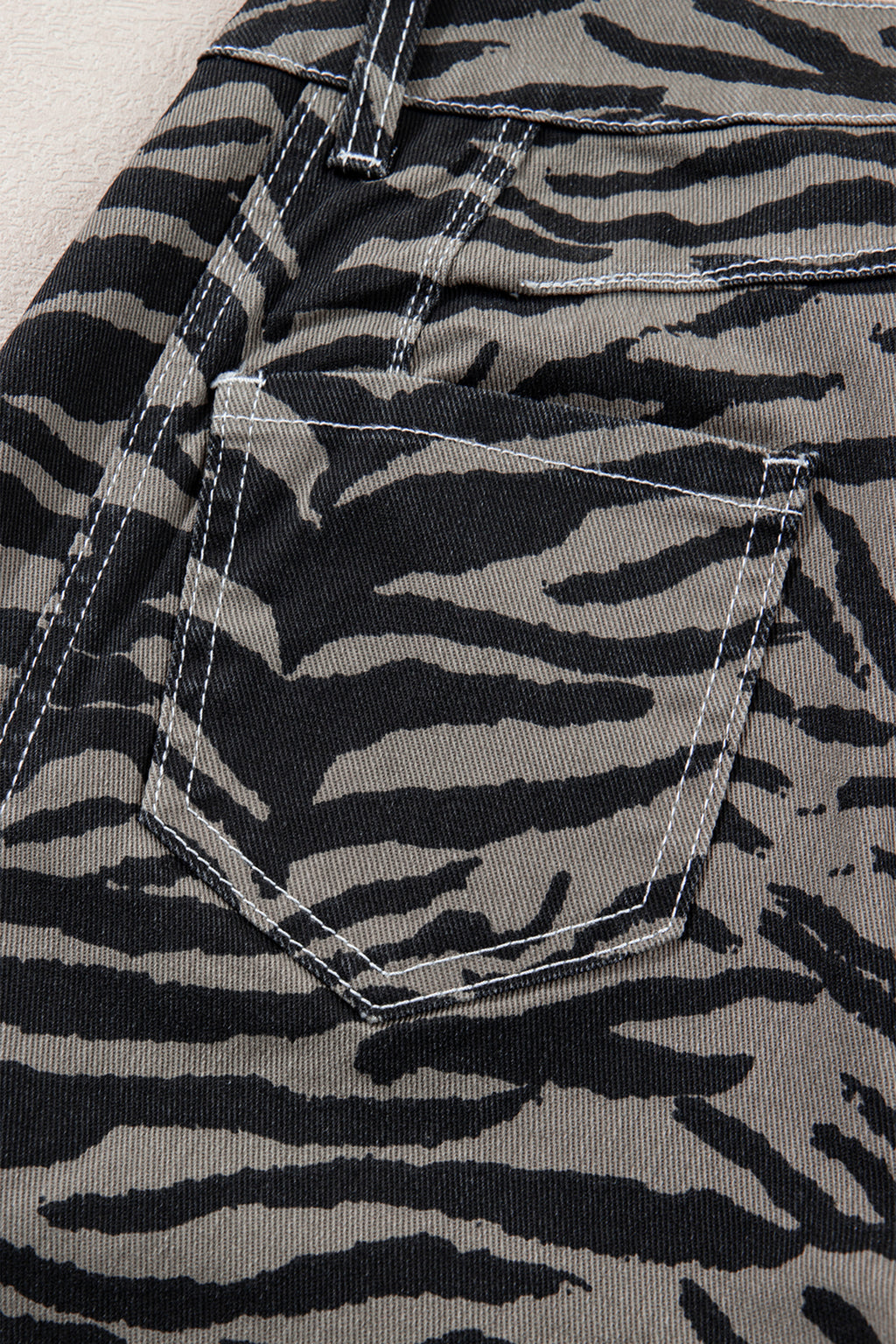 Gray Zebra Stripe Printed Wide Leg Barrel Jeans