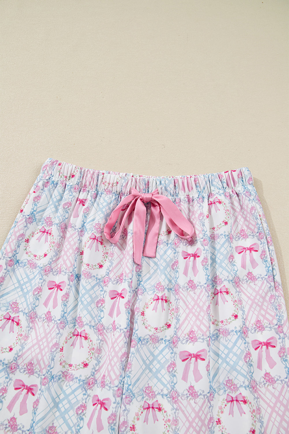 Pink Bow Wreath Pattern Christmas Holiday Tied Front Long Sleeve 2pcs Pajama Set