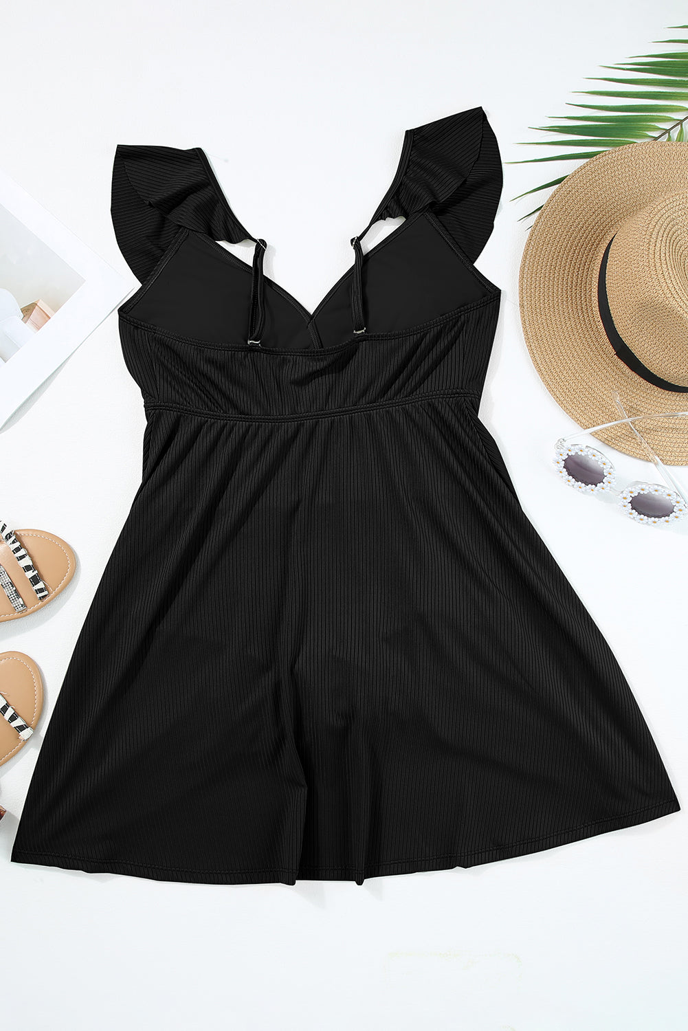 Black Textured Ruffle Trim V Neck Sleeveless One Piece Flared Swimdress