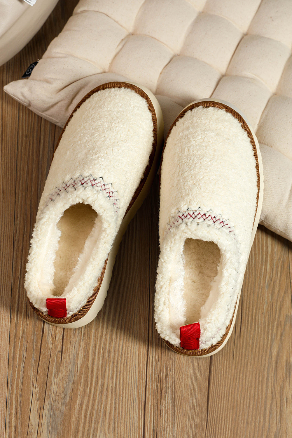 White Soft Plush Embroidered Detail Flat Platform Slippers