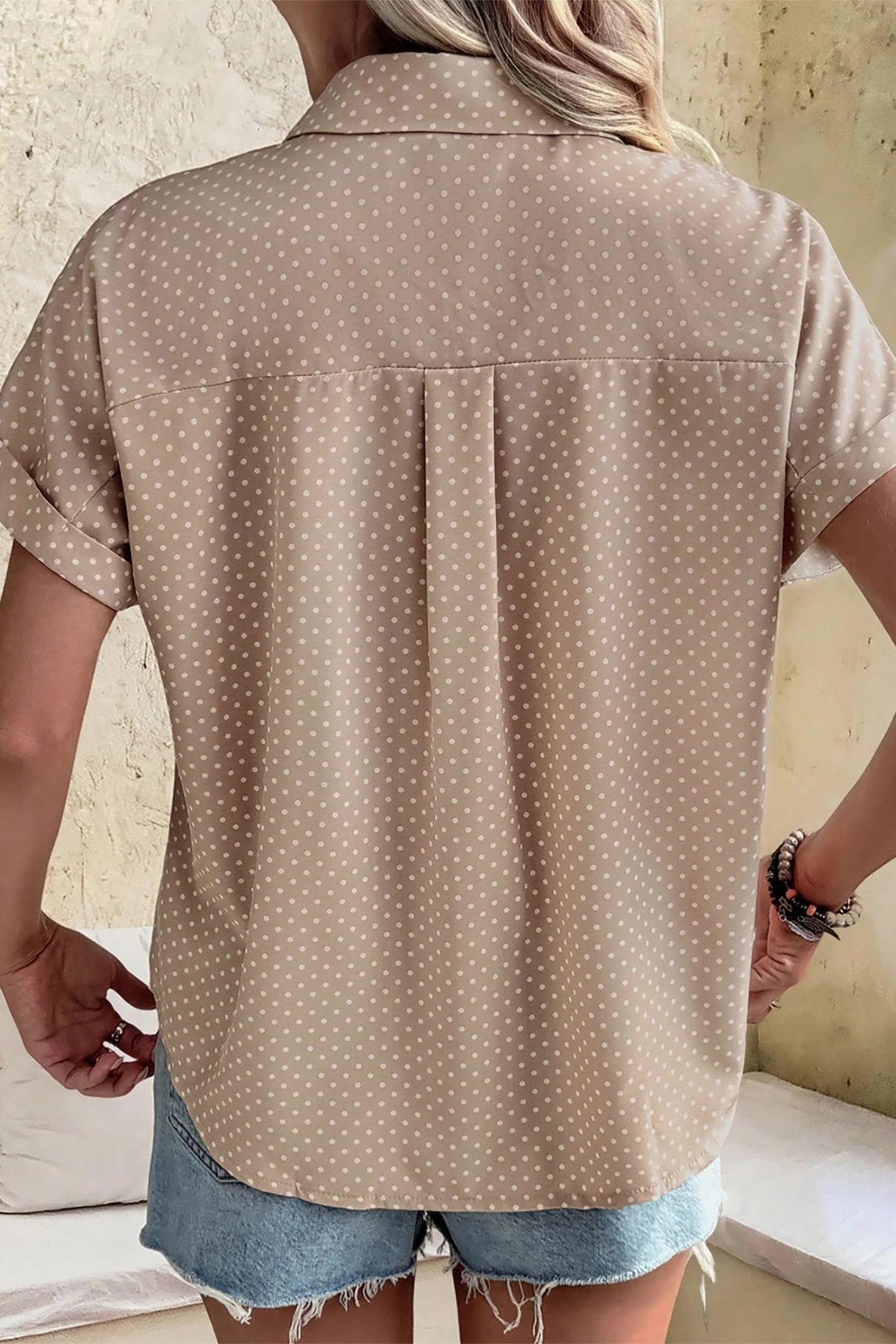 Khaki Dotted Print Cuffed Short Sleeve Shirt