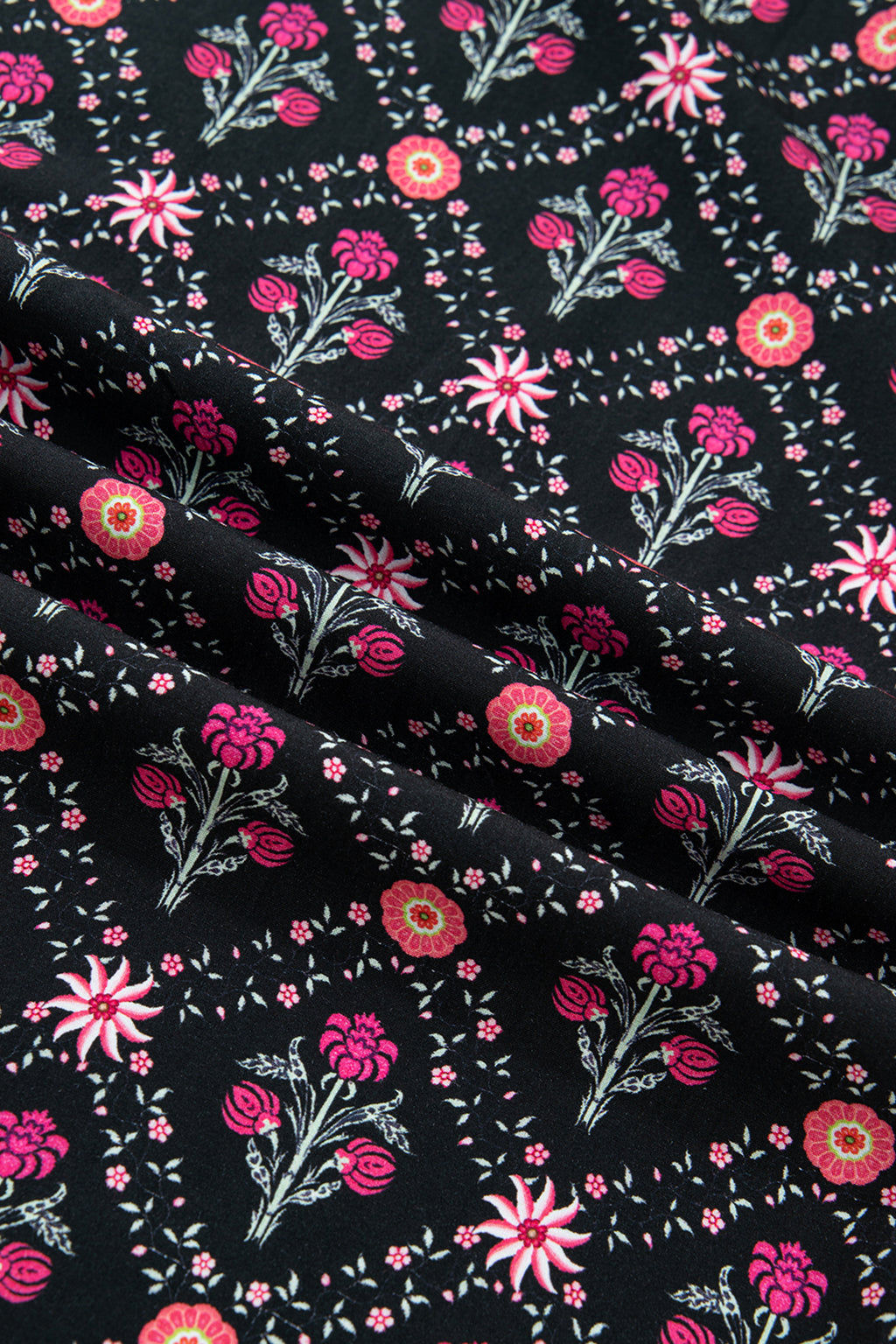 Black Contrast V Neckline Bracelet Sleeve Vintage Floral Blouse