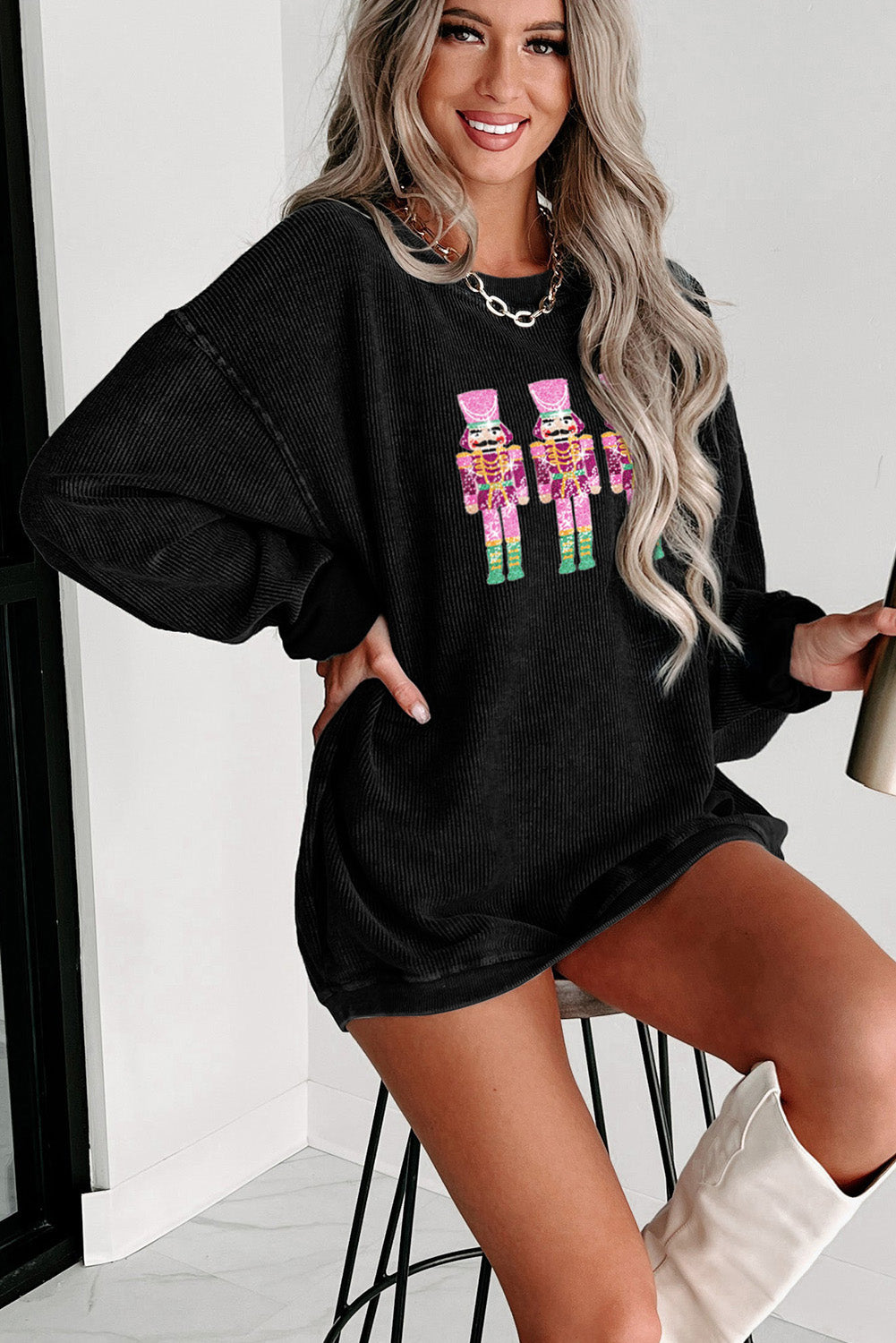 Black Sequined Nutcracker Graphic Plus Size Corded Sweatshirt