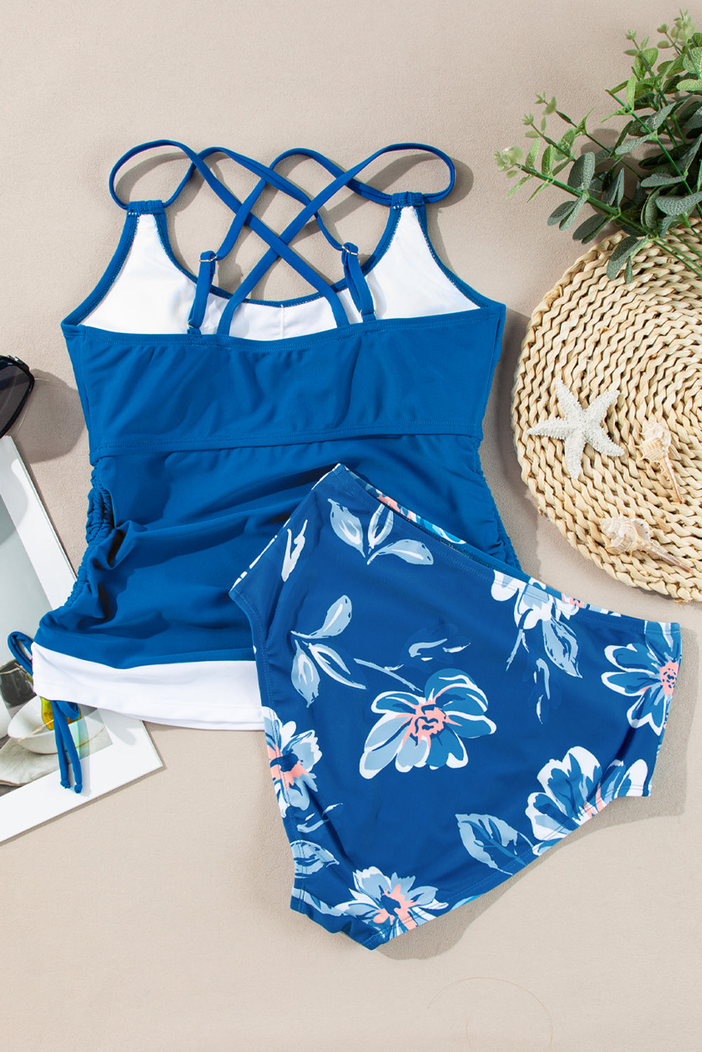 Prussian Blue Drawstring Tummy Control Mix-and-match 2pcs Tankini Swimsuit