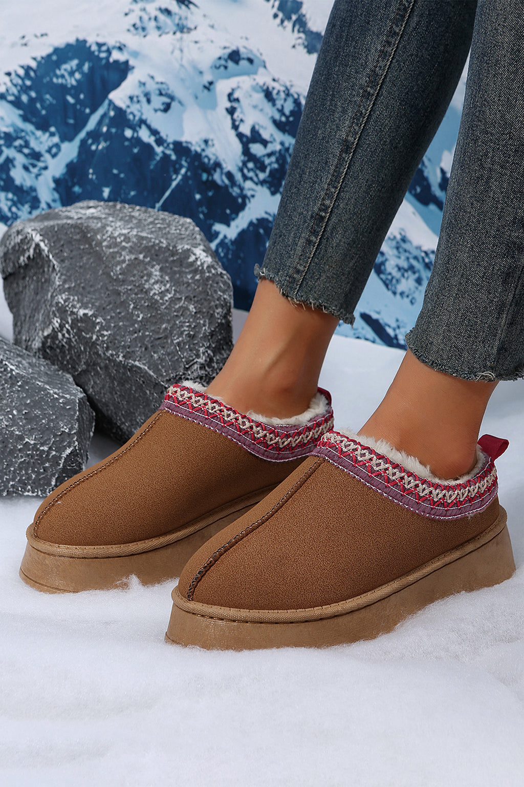 Chestnut Faux Suede Embroidered Detail Plush Lined Platform Slippers