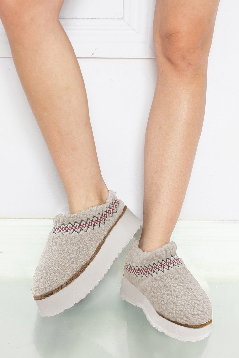 White Soft Plush Embroidered Detail Flat Platform Slippers