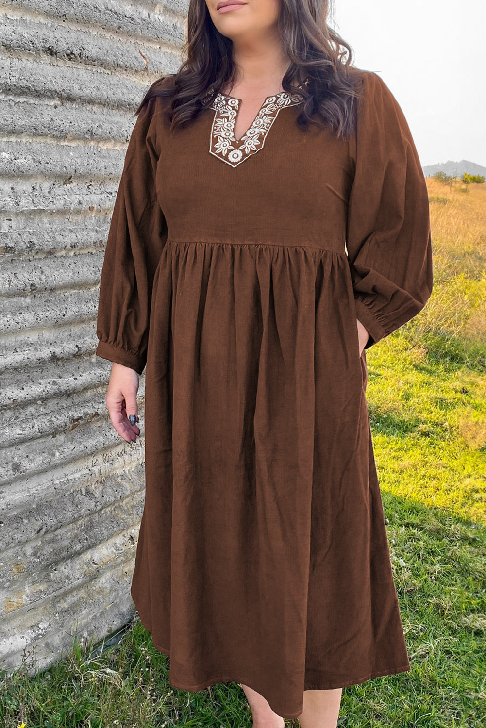 Coffee Embroidered Notched Neckline Textured Pleated High Waist Plus Size Midi Dress