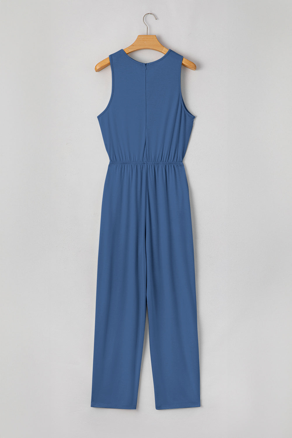 Sail Blue Solid Color Pleated Detail Elastic Waist Sleeveless Jumpsuit