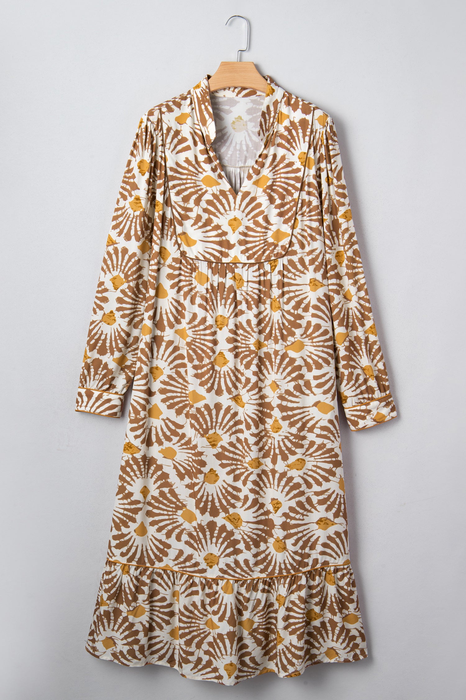 Khaki Abstract Plant Print Loose Plus Size Long Dress