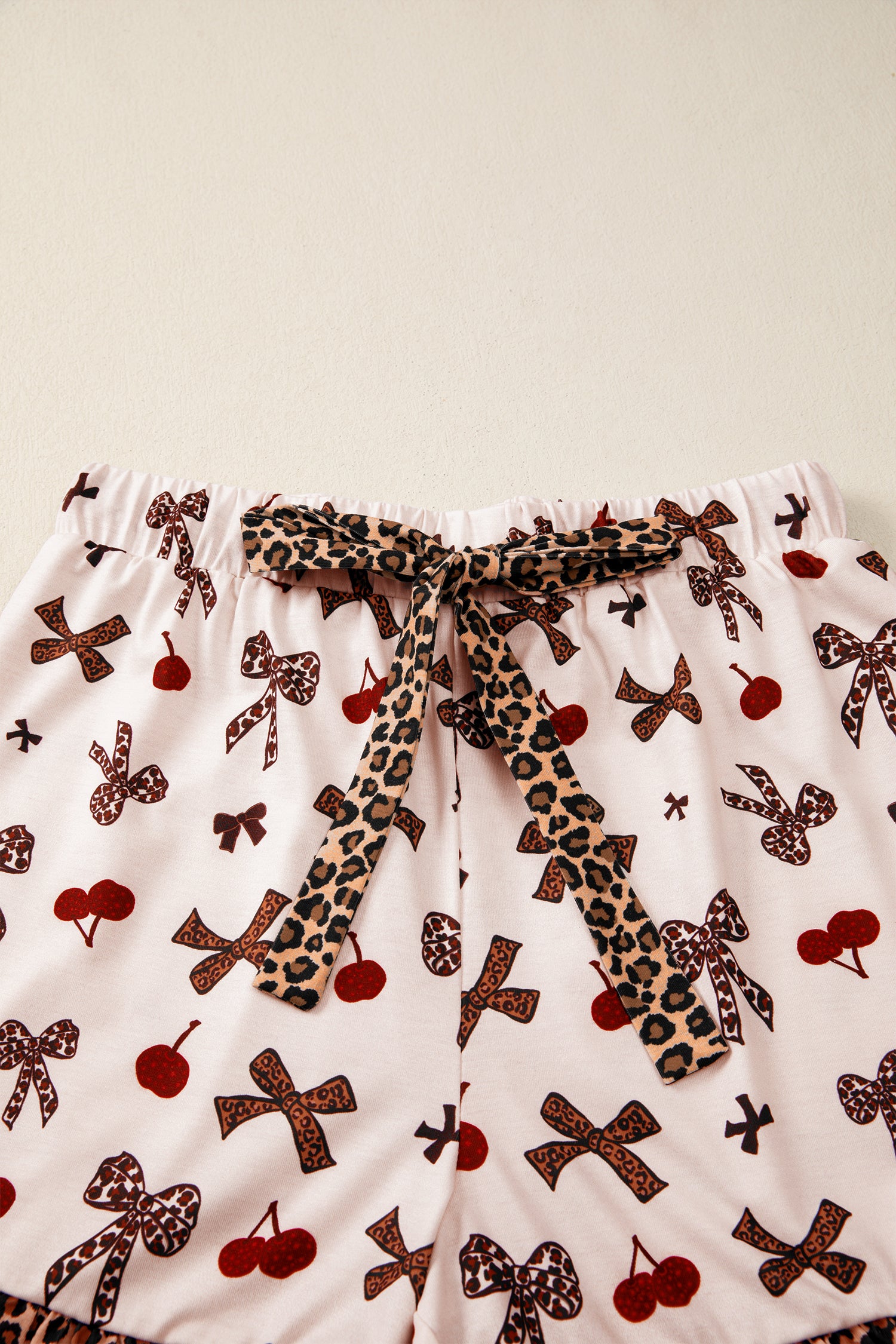 White Chic Bow Cherry Printed Leopard Contrast Patchwork Shirt Drawstring Shorts 2pcs PJ Set