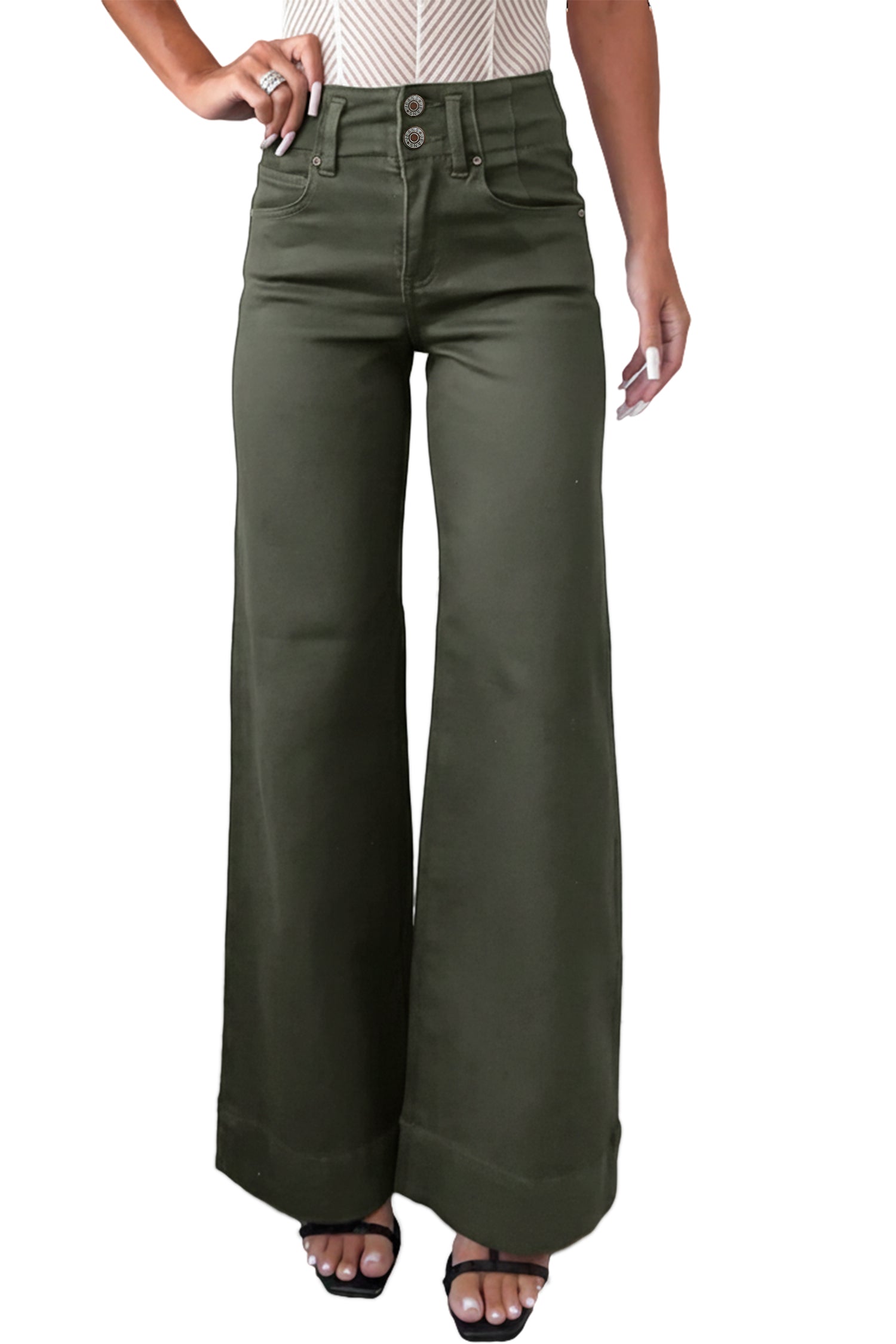 Mist Green 2-Button High Waist Wide Leg Jeans