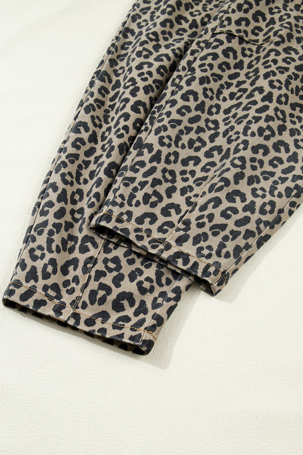 Khaki Leopard Print Drawstring Elastic Waist Loose Denim Pants with Pockets