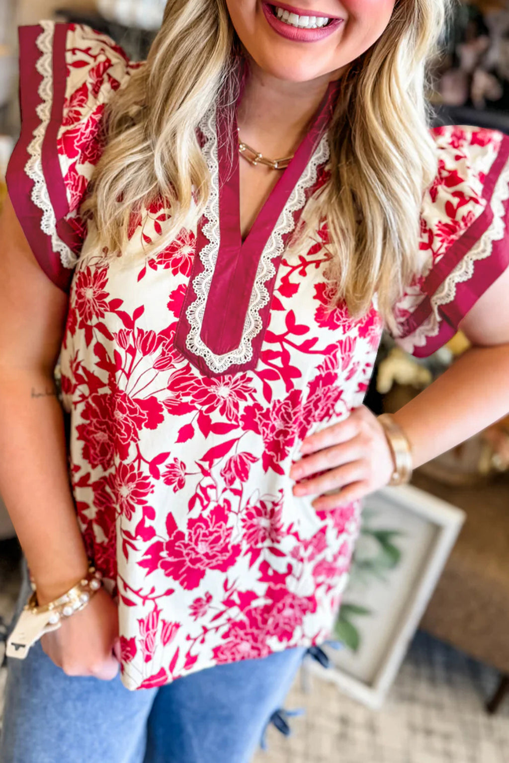 Red Floral Print Color Block Trim Lace Detail V Neck Flutter Sleeve Blouse