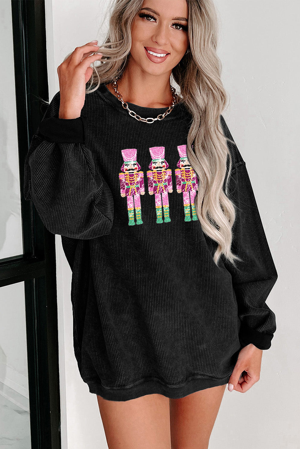 Black Sequined Nutcracker Graphic Plus Size Corded Sweatshirt
