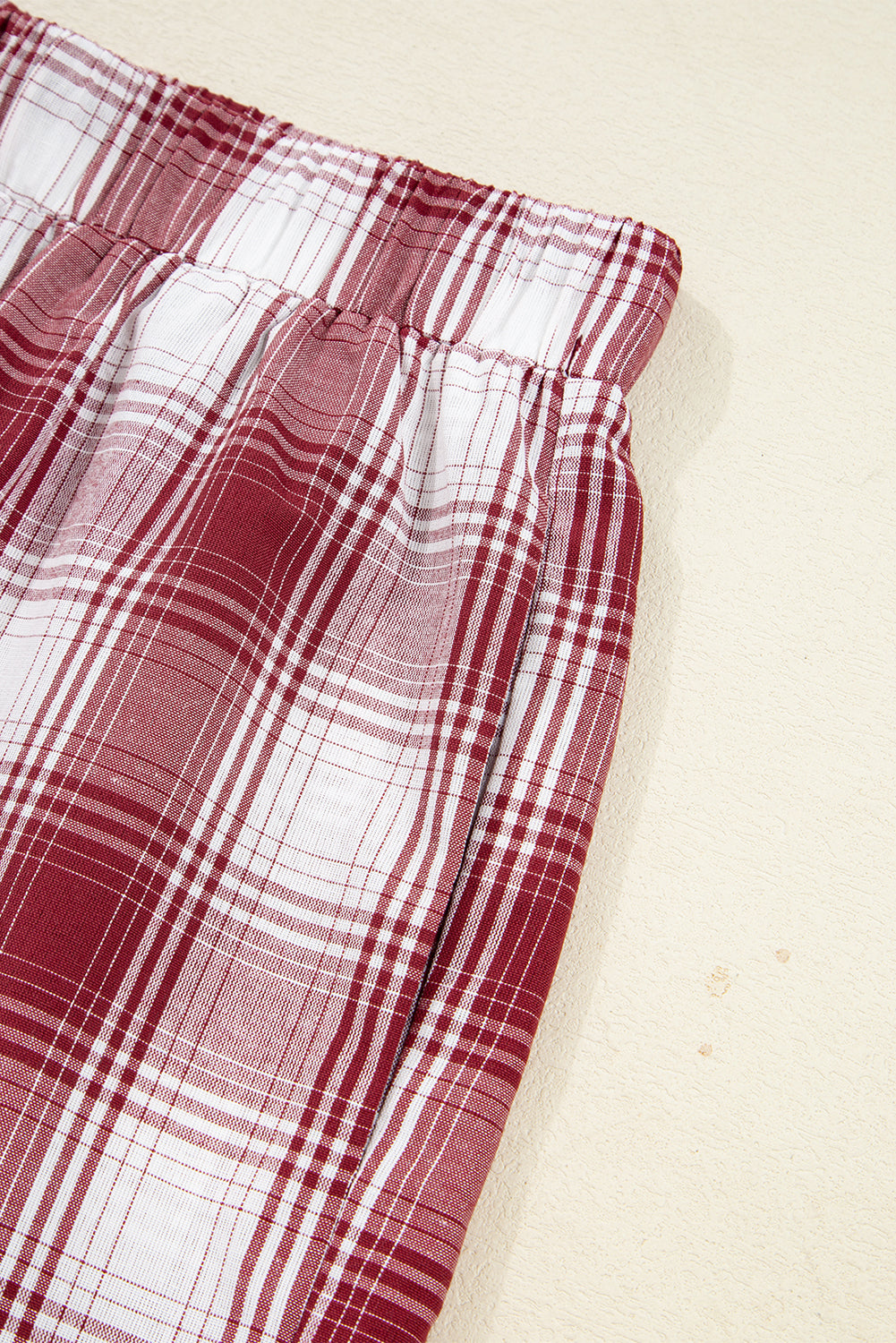 Red Retro Plaid Long Sleeve Shirt Drawstring Shorts 2pcs Lounge Set