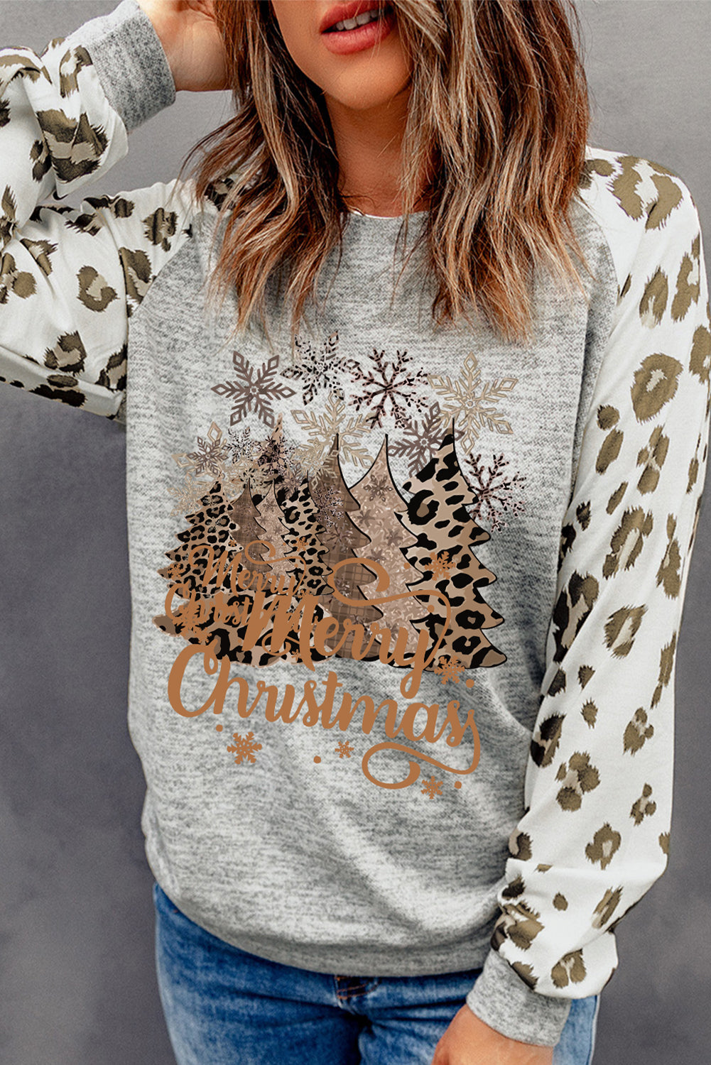 Gray Merry Christmas Graphic Leopard Raglan Sleeve Top