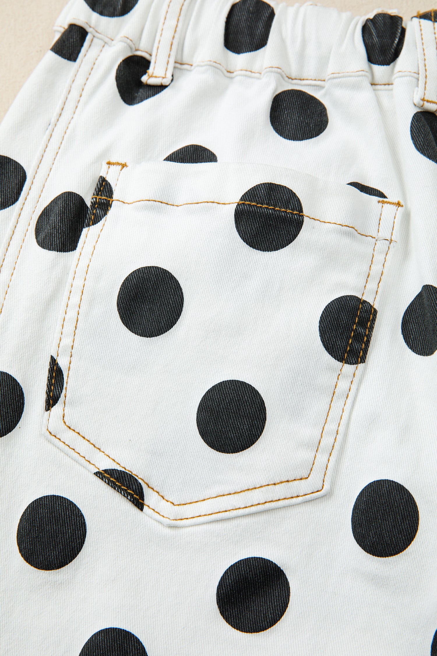 White Polka Dot Print Bow Detail Pocketed Barrel Jeans
