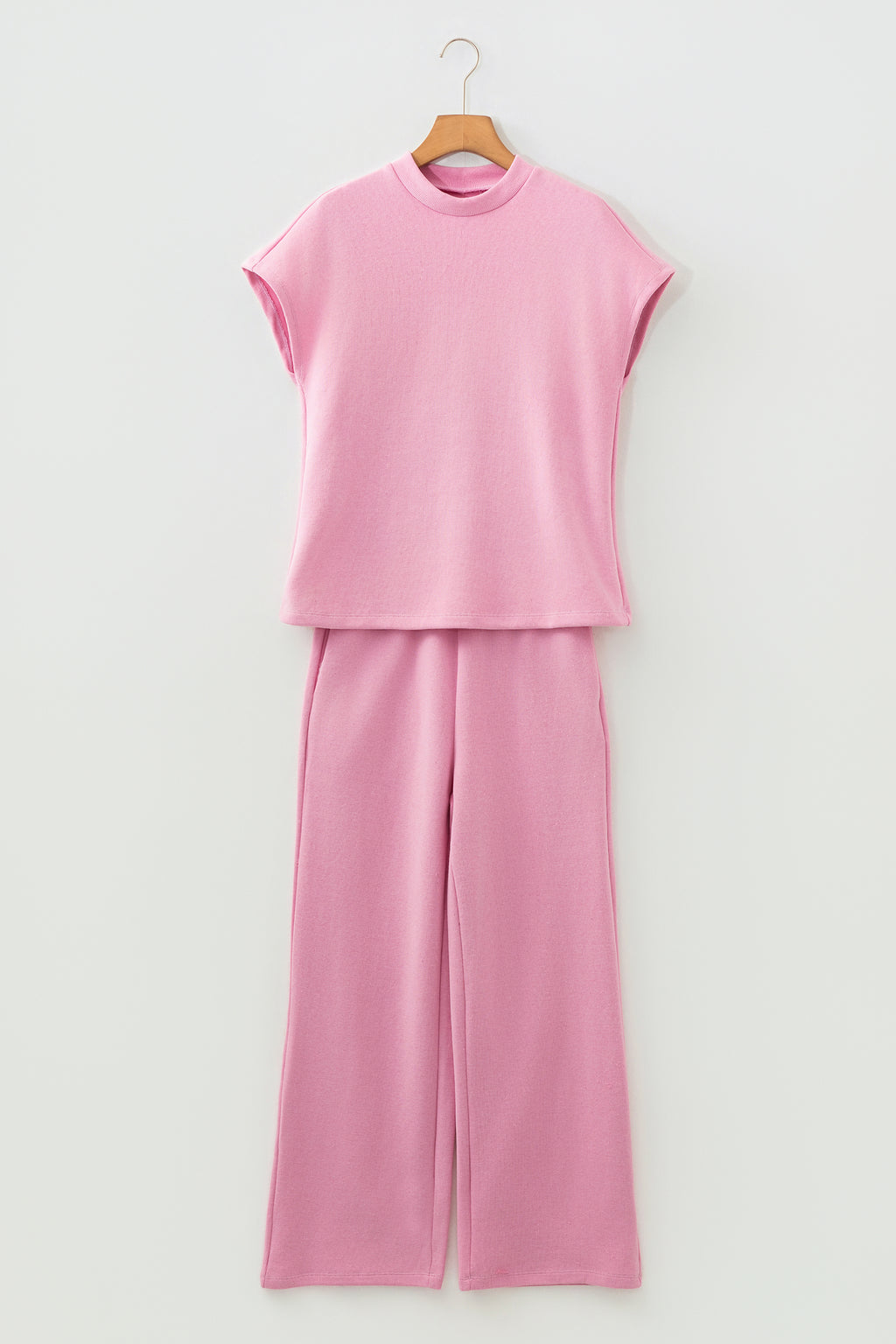 Pink Textured Knit High Neck Loose Tee Elastic Waist Loose Pant Set