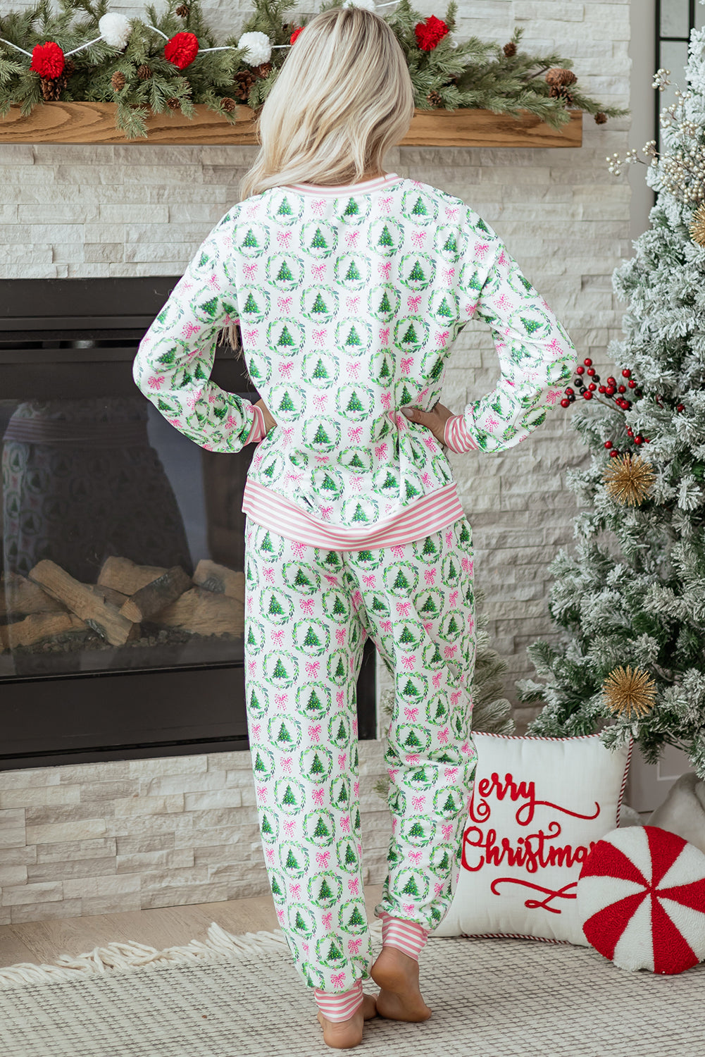 Green Bow Christmas Tree Print Contrast Striped Banding 2pcs Lounge Set