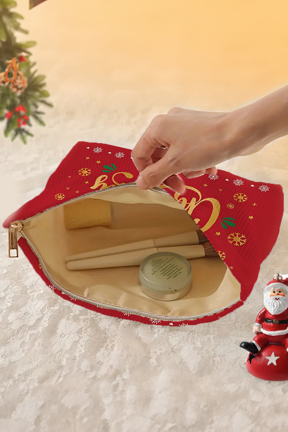 Fiery Red Christmas Fashion Print Corduroy Zip Up Cosmetic Bag