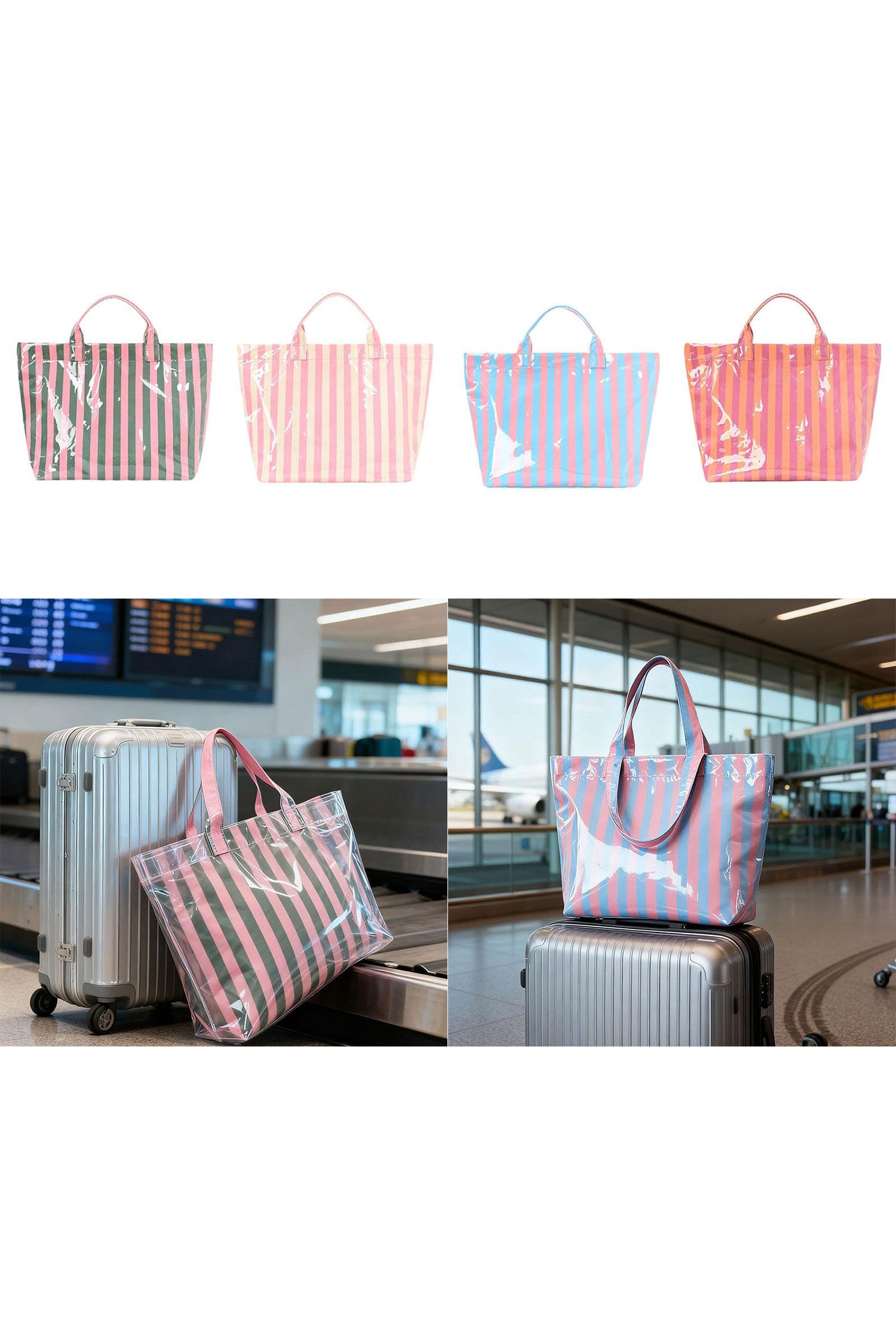 Light Blue Glossy Striped Vinyl Large Tote Bag (Color Varied)