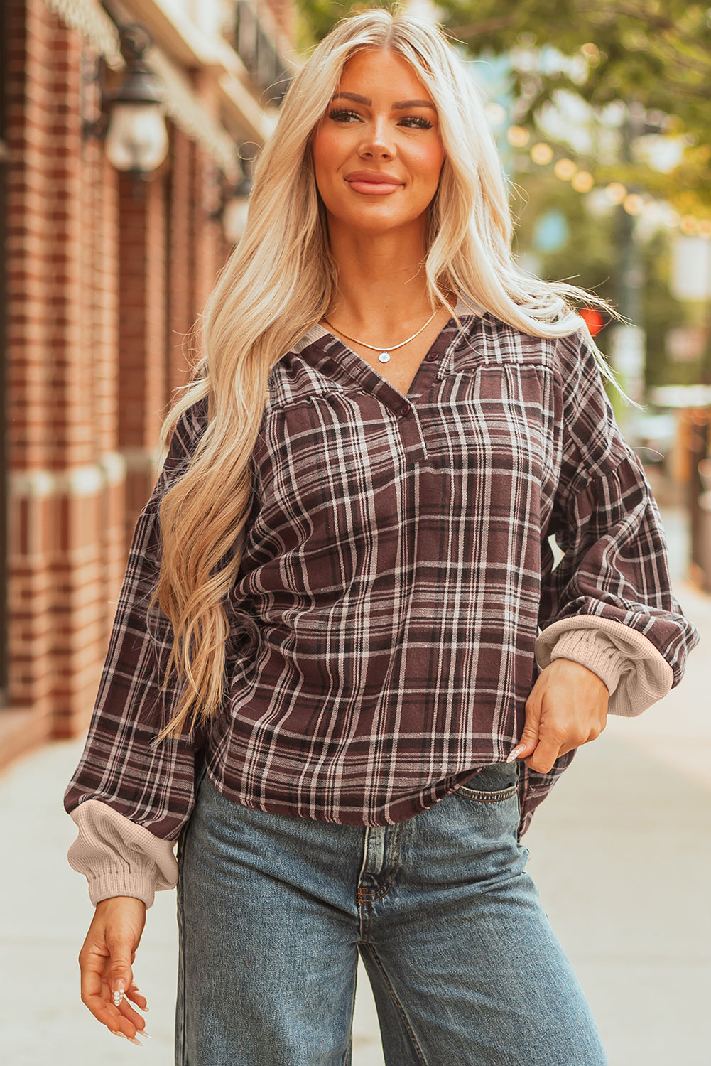 Brown Plaid Patchwork Long Sleeve Button Hooded Blouse