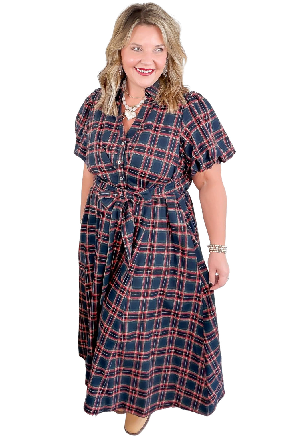Black Plaid V Neck Belted Waist Short Sleeve Plus Size Dress