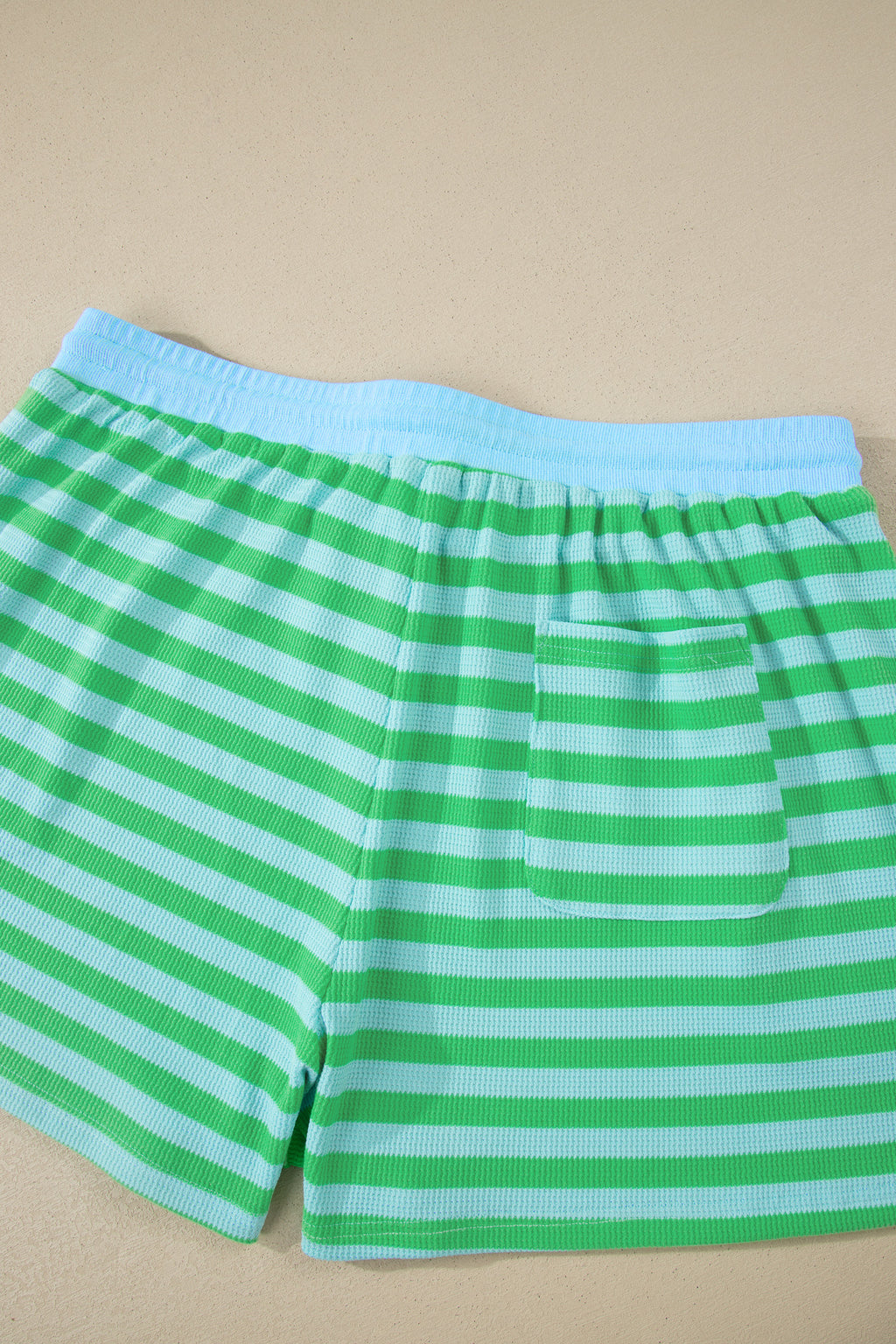 Green Stripe Plus Size Colorblock Detail Puff Sleeve Top Drawstring Shorts 2pcs Outfit