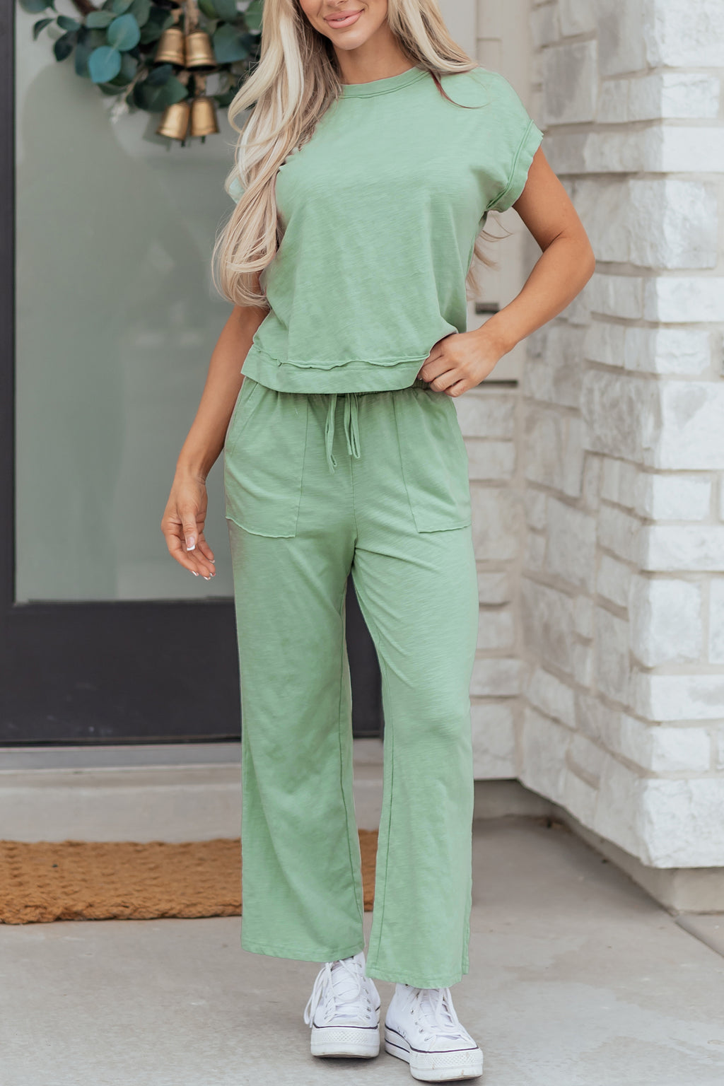 Canton Cuffed Short Sleeve Tee Raw Seam Patch Pocket Drawstring Pants Set