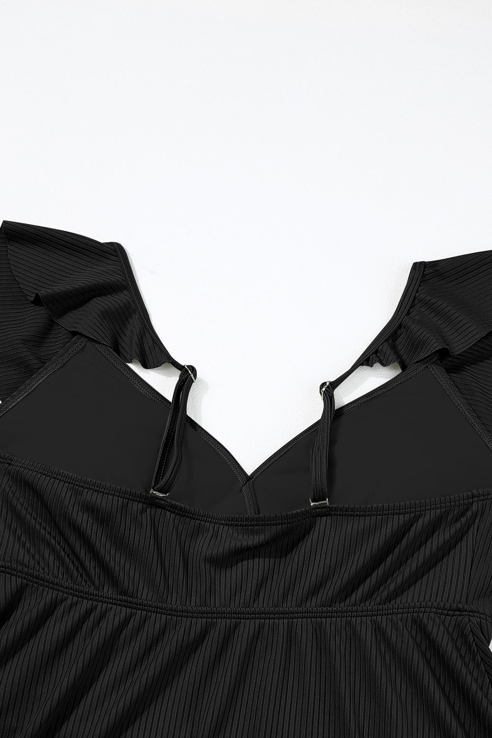 Black Textured Ruffle Trim V Neck Sleeveless One Piece Flared Swimdress