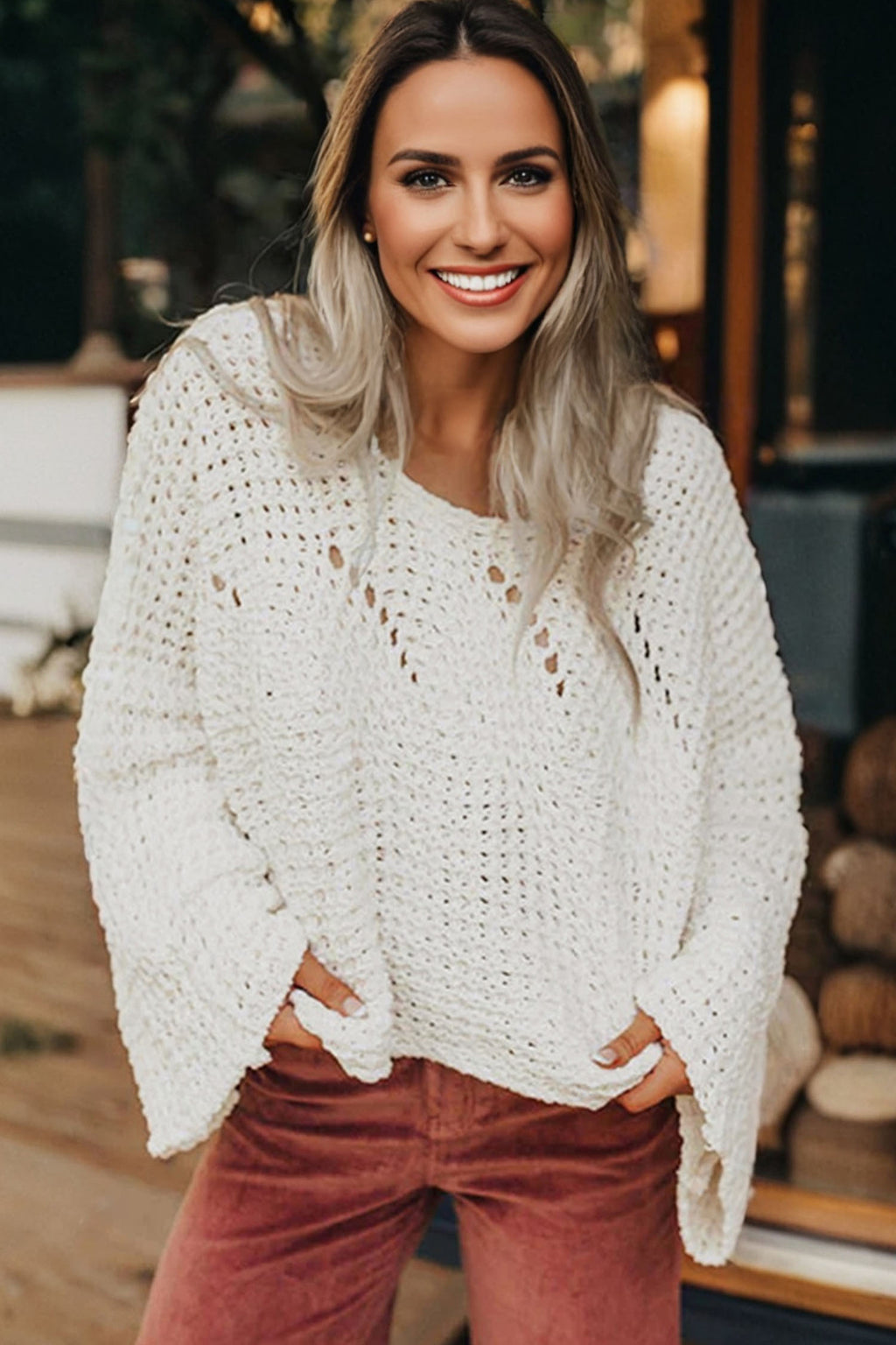 White Hollowed Detail Wide Sleeve Loose Pullover Sweater