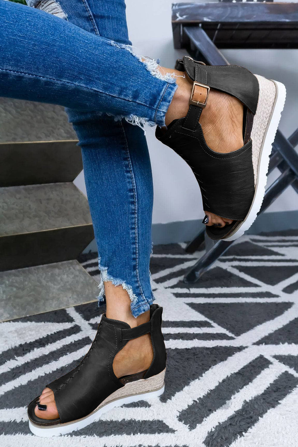 Black PU Cutout Buckle Strap Platform Sandals