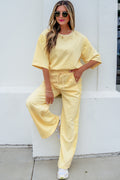 Yellow Cream Lace Patchwork Half Sleeve Top Elastic Waist Pants Two Piece Set