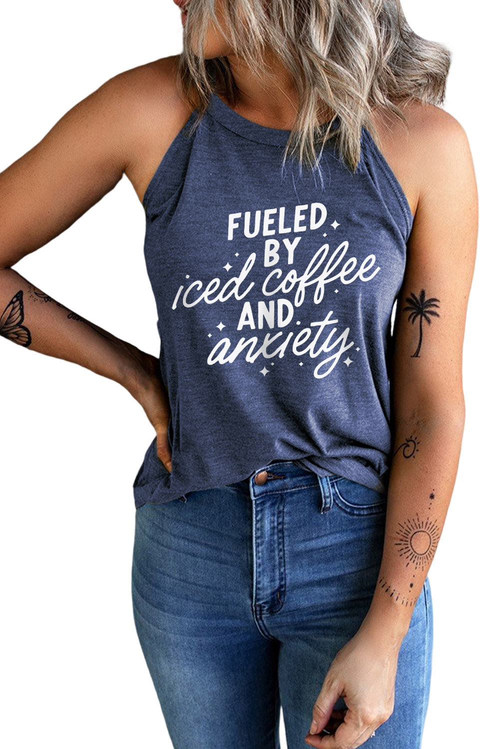 Blue Fueled By Iced Coffee and Anxiety Tank Top