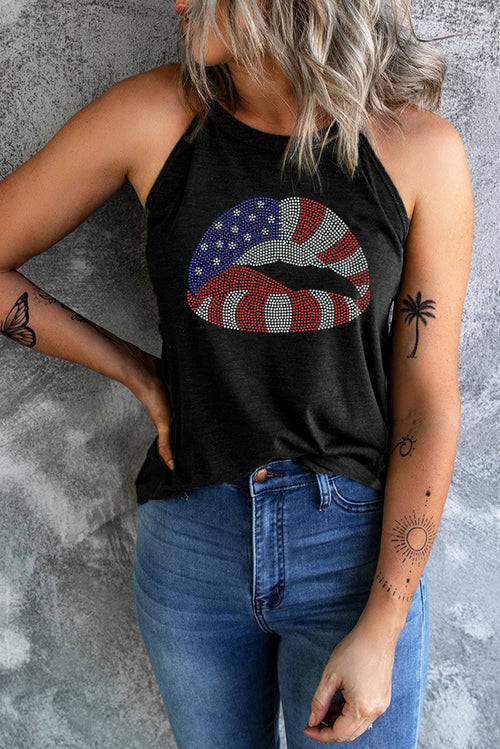 Black USA Flag Lips Graphic Tank Top