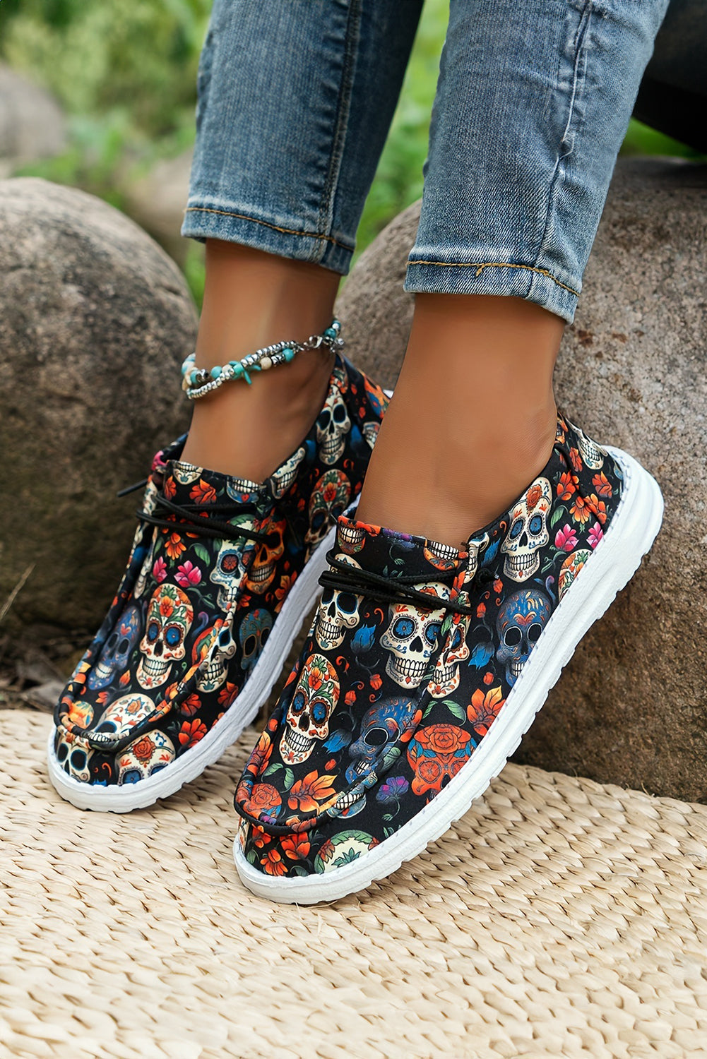 Black Sugar Skull Print Lace-up Detail Halloween Flat Shoes