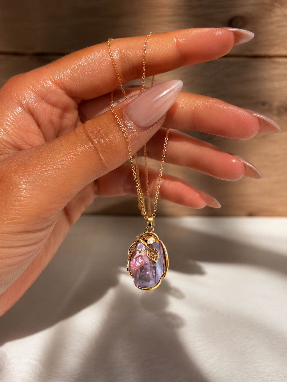 Aurora Glow Iridescent Pearl Pendant Necklace Gold Wrapped Statement Piece Necklace
