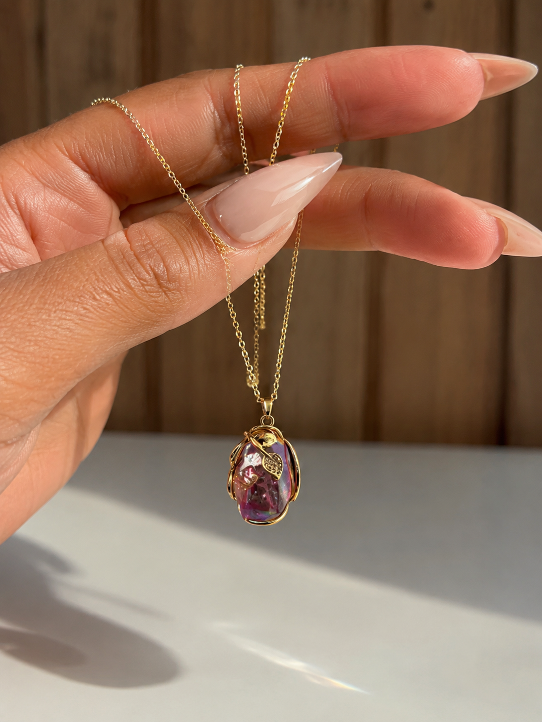 Aurora Glow Iridescent Pearl Pendant Necklace Gold Wrapped Statement Piece Necklace